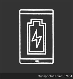 Smartphone battery charging chalk icon. Charge completed . Mobile phone battery level indicator. Isolated vector chalkboard illustrations. Smartphone battery charging chalk icon