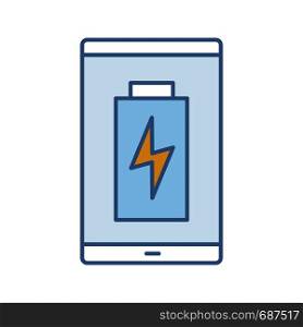 Smartphone battery charging color icon. Charge completed. Mobile phone battery level indicator. Isolated vector illustration. Smartphone battery charging color icon