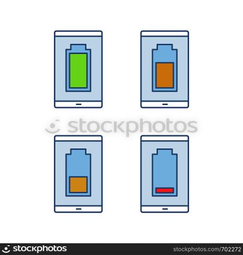 Smartphone battery charging color icons set. Mobile phone battery level indicator. Middle, low and high charge. Isolated vector illustrations. Smartphone battery charging color icons set