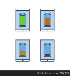 Smartphone battery charging color icons set. Mobile phone battery level indicator. Middle, low and high charge. Isolated vector illustrations. Smartphone battery charging color icons set