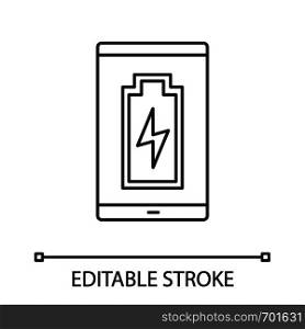 Smartphone battery charging linear icon. Thin line illustration. Charge completed . Mobile phone battery level indicator. Contour symbol. Vector isolated outline drawing. Editable stroke. Smartphone battery charging linear icon