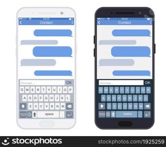 Smartphone black and white with messaging sms app, vector illustration in flat style.. Smartphone with messaging sms app,