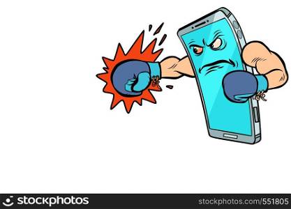 smartphone boxer character. Internet aggression in social networks. Comic cartoon pop art vector retro vintage drawing. smartphone boxer character. Internet aggression in social networks