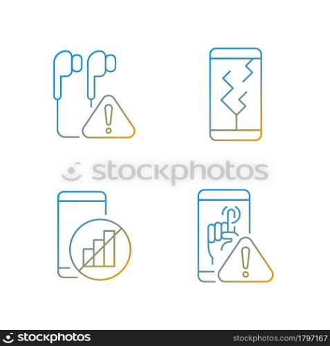 Smartphone breakdowns gradient linear vector icons set. Earphones problem. Crushed phone. Touchscreen failed. Thin line contour symbols bundle. Isolated vector outline illustrations collection. Smartphone breakdowns gradient linear vector icons set