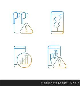Smartphone breakdowns gradient linear vector icons set. Earphones problem. Crushed phone. Touchscreen failed. Thin line contour symbols bundle. Isolated vector outline illustrations collection. Smartphone breakdowns gradient linear vector icons set