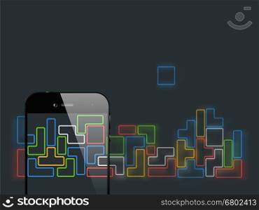 Smartphone briks game. Smartphone on brick game background. Old video games square template. Vector illustration.
