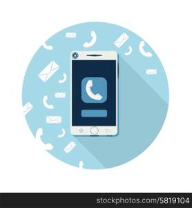 Smartphone call and sends message via sms chat flat design