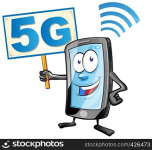 smartphone cartoon with signboard 5G icon. clipart vector illustration