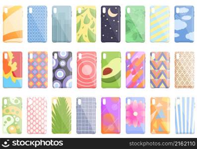 Smartphone case icons set cartoon vector. Cover case. Glass crash. Smartphone case icons set cartoon vector. Cover case