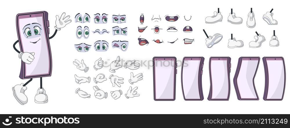 Smartphone characters kit. Cartoon phone animation construction kit with screen body, hands legs and face emotion elements. Vector set illustration design character creation mobile phone. Smartphone characters kit. Cartoon phone animation construction kit with screen body, hands legs and face emotion elements. Vector set