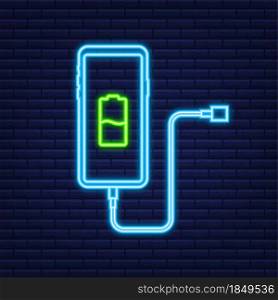 Smartphone charger adapter and electric socket, low battery notification. Neon icon. Vector illustration. Smartphone charger adapter and electric socket, low battery notification. Neon icon. Vector illustration.