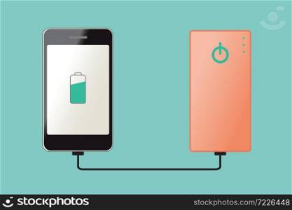 Smartphone charging connect to powerbank, vector illustration icon.