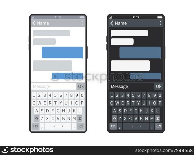 Smartphone chat. Black or white screen mobile device keyboard with messaging app, bubbles or message clouds, chatbot sending sms dialogues vector template set. Smartphone chat. Screen mobile device keyboard with messaging app, bubbles or message clouds, chatbot sending sms dialogues vector template