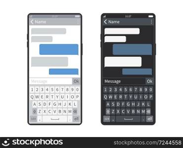 Smartphone chat. Black or white screen mobile device keyboard with messaging app, bubbles or message clouds, chatbot sending sms dialogues vector template set. Smartphone chat. Screen mobile device keyboard with messaging app, bubbles or message clouds, chatbot sending sms dialogues vector template