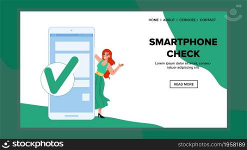 Smartphone Check List App For Planning Vector. Young Woman Using Smartphone Checklist Application For Control Task Achievement. Character Mobile Phone User Web Flat Cartoon Illustration. Smartphone Check List App For Planning Vector