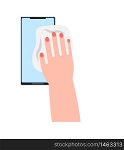 Smartphone cleaning icon vector. Hand is wiping screen of phone. Antibacterial wet wipe is helping to prevention of virus spreading.. Smartphone cleaning icon vector. Hand is wiping screen of phone. Antibacterial wet wipe is helping to prevention virus spreading