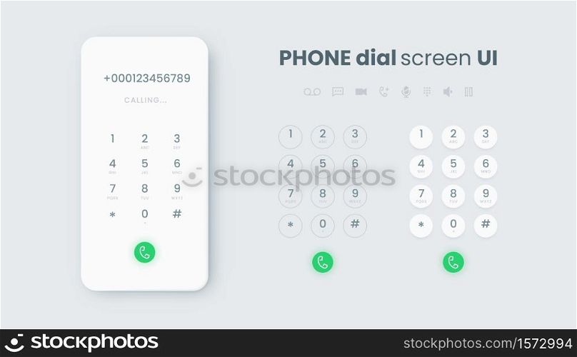 Smartphone dial. Realistic phone number pad, call screen UI with keypad and dial buttons. Vector isolated illustration touchscreen telephone interface. Smartphone dial. Realistic phone number pad, call screen UI with keypad and dial buttons. Vector isolated telephone interface