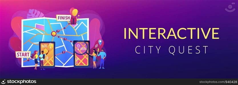 Smartphone digital map, GPS navigation mobile application. Interactive city quest, urban games organization, turistic adventure quest concept. Header or footer banner template with copy space.. Interactive city quest concept banner header