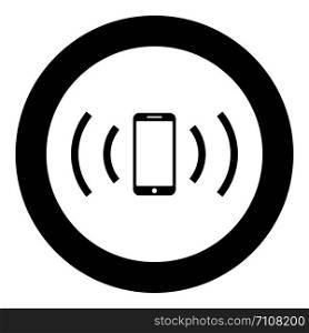 Smartphone emits radio waves Sound wave Emitting waves concept icon in circle round black color vector illustration flat style simple image. Smartphone emits radio waves Sound wave Emitting waves concept icon in circle round black color vector illustration flat style image