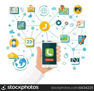 Smartphone functions and content design flat style. Mobile smartphone technology in hand, phone with internet app online for communication service, network social application, vector illustration