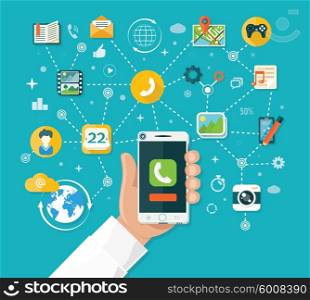 Smartphone functions design flat. Smart phone, tablet and mobile phone, smartphone hand, technology smart, internet and app, device telephone, network wireless illustration