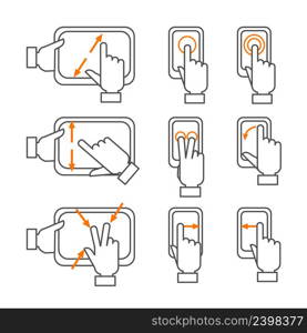 Smartphone gestures with touchscreen orange black outline icons set flat isolated vector illustration . Smartphone gestures outline icons set