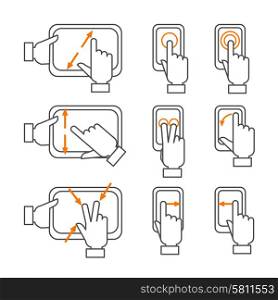 Smartphone gestures with touchscreen orange black outline icons set flat isolated vector illustration . Smartphone gestures outline icons set