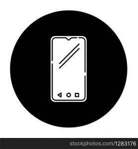 Smartphone glyph icon. Mobile, cell phone. Pocket personal computer. Cellular telephone. Touchscreen. Touch display. Portable device. Technology. Vector white silhouette illustration in black circle