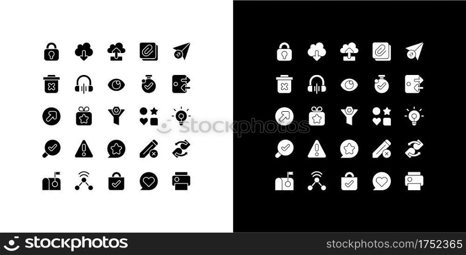 Smartphone glyph icons set for night and day mode. Mobile application. Phone UI and UX elements. Smartphone menu buttons. Silhouette symbols for light, dark theme. Vector isolated illustration bundle. Smartphone glyph icons set for night and day mode