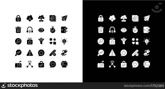Smartphone glyph icons set for night and day mode. Mobile application. Phone UI and UX elements. Smartphone menu buttons. Silhouette symbols for light, dark theme. Vector isolated illustration bundle. Smartphone glyph icons set for night and day mode