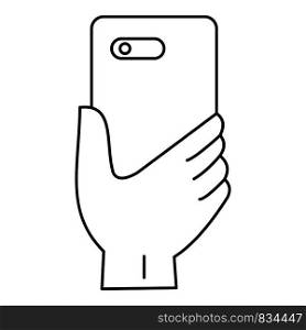 Smartphone hand icon. Outline smartphone hand vector icon for web design isolated on white background. Smartphone hand icon, outline style