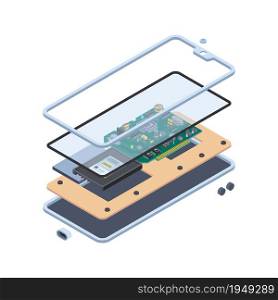 Smartphone hardware. Isometric layers of inside touch screen gadgets or tablet pc motherboard mobile vector repair service concept. Smartphone hardware, screen equipment innovation illustration. Smartphone hardware. Isometric layers of inside touch screen gadgets or tablet pc motherboard mobile vector repair service concept
