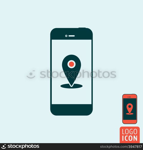 Smartphone icon. Smart phone logo. Smartphone symbol. Smartphone with location mark icon isolated, mobile phone minimal design. Vector illustration