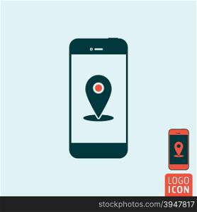 Smartphone icon. Smart phone logo. Smartphone symbol. Smartphone with location mark icon isolated, mobile phone minimal design. Vector illustration