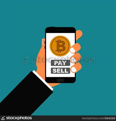 Smartphone in hand. Bitcoin concept sall pay. Smartphone in hand. Bitcoin concept
