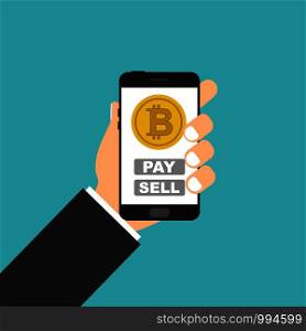 Smartphone in hand. Bitcoin concept sall pay. Smartphone in hand. Bitcoin concept