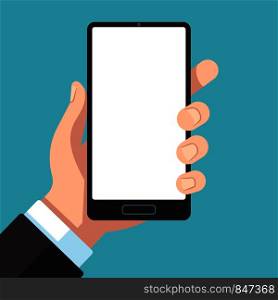 Smartphone in hand. Businessman hand holding mobile phone. Cell phone in arm template for app presentation flat vector internet application blank for cellphone illustration. Smartphone in hand. Businessman hand holding mobile phone. Cell phone in arm template for app presentation flat vector illustration