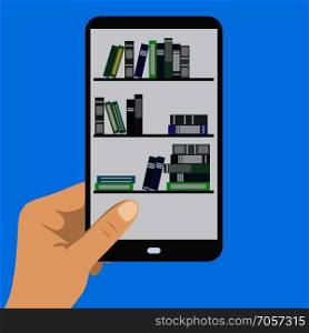 Smartphone in hand, e-book on mobile phone, stock vector illustration. Smartphone in hand, e-book on mobile phone,