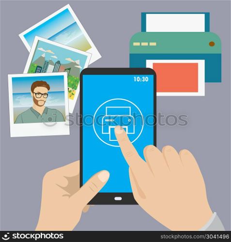 Smartphone in hand, finger presses on the print icon, printer an. Smartphone in hand, finger presses on the print icon, printer and pictures ,flat design, vector. Smartphone in hand, finger presses on the print icon, printer an