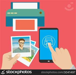 Smartphone in hand, finger presses on the print icon, printer an. Pictures in hand, finger presses on the print icon, printer and pictures ,flat design, vector. Smartphone in hand, finger presses on the print icon, printer an