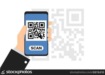 Smartphone in hand scan QR code. Qrcode on phone camera. Vector isolated flat illustration. 