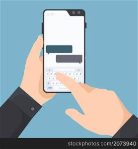 Smartphone in hands. Man holding telephone and tapping in web chat on screen send messages garish vector keyboard. Illustration smartphone communication using like communicator. Smartphone in hands. Man holding telephone and tapping in web chat on screen send messages garish vector keyboard