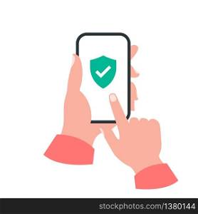 Smartphone in your hand concept. Shield check mark
