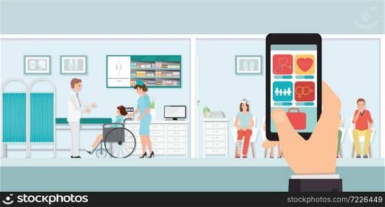 Smartphone innovative medical app with hospital, doctors and patients on the background, healthcare and technology concept vector illustration.
