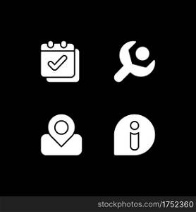 Smartphone interface white glyph icons set for dark mode. Calendar. Settings menu. Maps. News. Smartphone UI button. Silhouette symbols on black background. Vector isolated illustration bundle. Smartphone interface white glyph icons set for dark mode