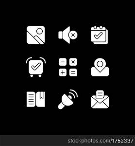 Smartphone interface white glyph icons set for dark mode. Photo gallery. Silent mode setting. Smartphone UI button. Silhouette symbols on black background. Vector isolated illustration bundle. Smartphone interface white glyph icons set for dark mode