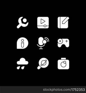 Smartphone interface white glyph icons set for dark mode. Videos playing. Notebook application. Smartphone UI button. Silhouette symbols on black background. Vector isolated illustration bundle. Smartphone interface white glyph icons set for dark mode