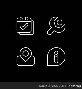 Smartphone interface white linear icons set for dark theme. Calendar. Settings menu. Maps. News. Night mode customizable thin line symbols. Isolated vector outline illustrations. Editable stroke. Smartphone interface white linear icons set for dark theme