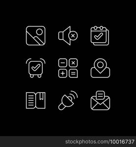 Smartphone interface white linear icons set for dark theme. Photo gallery. Silent mode setting. Night mode customizable thin line symbols. Isolated vector outline illustrations. Editable stroke. Smartphone interface white linear icons set for dark theme