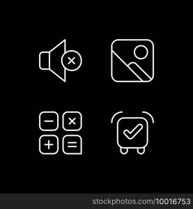 Smartphone interface white linear icons set for dark theme. Silent mode setting. Photo gallery. Night mode customizable thin line symbols. Isolated vector outline illustrations. Editable stroke. Smartphone interface white linear icons set for dark theme